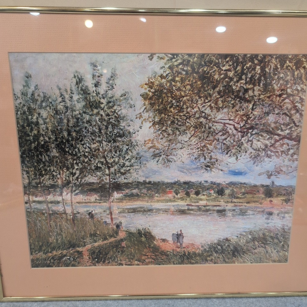 Impressionist River Landscape Framed Art Print Gold Tone Frame Peach Mat - Picture 2 of 5
